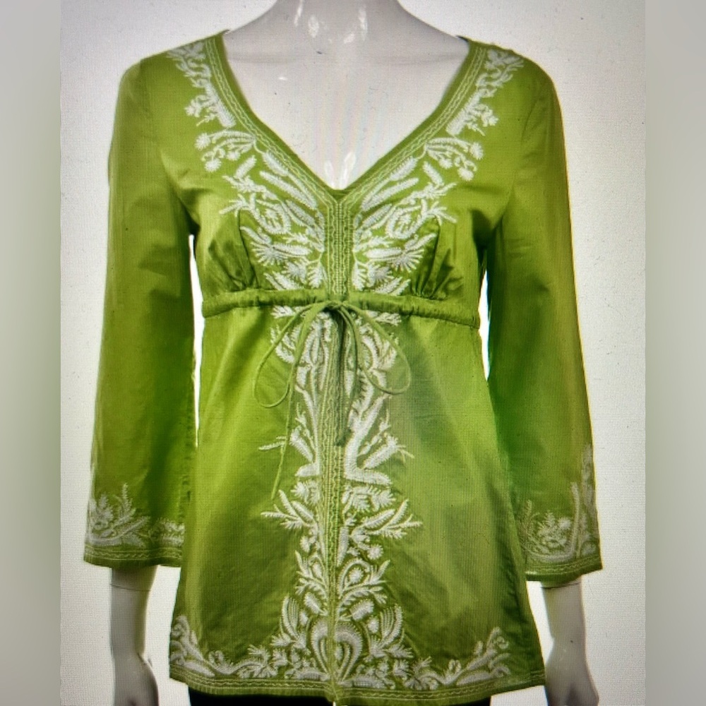 Michael Kors Green & White Embroidered Tunic with V-Neck Size XL